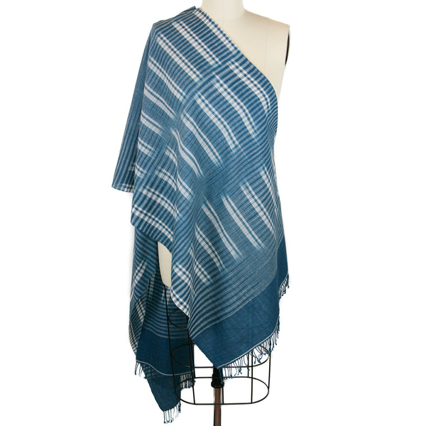 Hand loomed Merino Wool Ikat Scarf <br> Neptune/White