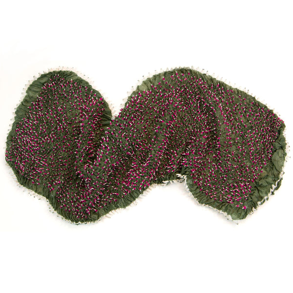 Mimbres Hand Dyed Silk Double Dot Bandhani Scarf Dark Green Pink